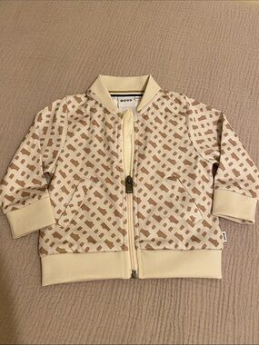 BOSS Baby Beige and Cream Logo-Pattern Bomber Jacket. Size 12